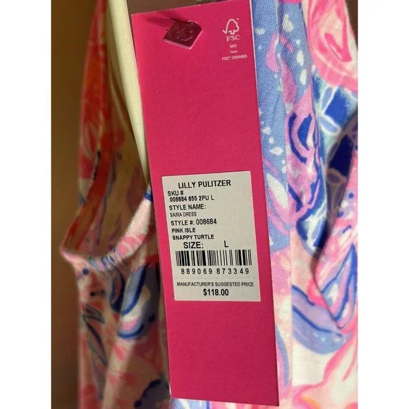 LILLY PULITZER SAIRA DRESS SZ LARGE SNAPPY TURTLE PINK ISLE NEW W/TAGS - Picture 9 of 10
